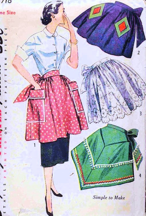 1950s WONDERFUL Simple To Make Aprons Pattern SIMPLICITY 3718 Four Half Apron Versions, One Size, Vintage Sewing Pattern