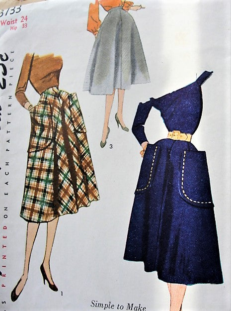 1950s EASY to MAKE Skirt Pattern SIMPLICITY 3733 Lovely Flared Skirt Three Style Versions Waist 24 Vintage Sewing Pattern FACTORY FOLDED