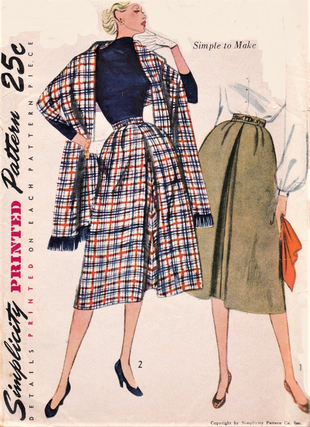 1950s CLASSY Skirt and Stole Pattern SIMPLICITY 3769 Flared Skirt Inverted Front Pleat, Lovely Design Waist 26 Vintage Sewing Pattern
