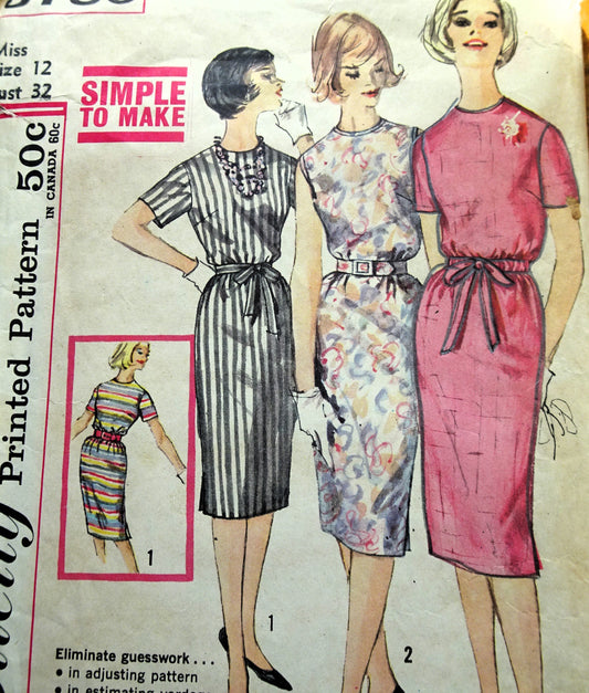 1960s SIMPLE To Make Slim Dress Pattern SIMPLICITY 3780 Drawstring or Elastic Waist Dress Bust 32 Vintage Sewing Pattern