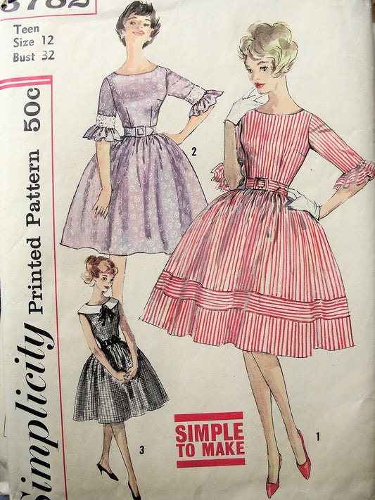 1960s Vintage FLIRTY Belted Dress with Ruffled Sleeves or Sleeveless with Collar Simplicity 3782 Sewing Pattern Bust 32