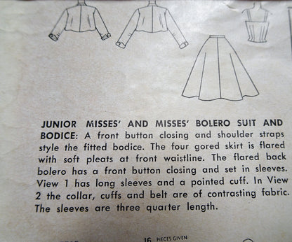 1950s  BEAUTIFUL Bolero Suit and Bodice Pattern SIMPLICITY 3793 Daytime or Party Bust 30 Vintage Sewing Pattern