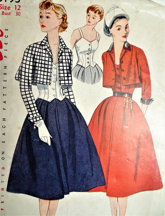 1950s  BEAUTIFUL Bolero Suit and Bodice Pattern SIMPLICITY 3793 Daytime or Party Bust 30 Vintage Sewing Pattern