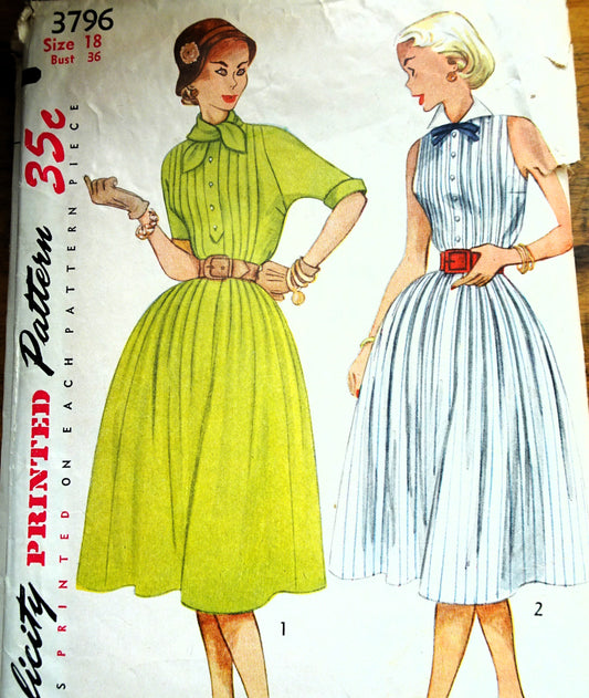 1950s PRETTY Dress Pattern SIMPLICITY 3796 Tucked Bodice and Bow Interest, Bust 36 Vintage Sewing Pattern