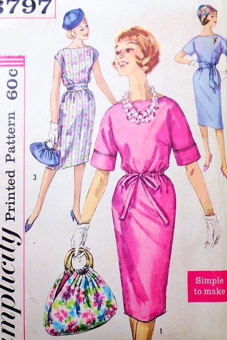 1960s CLASSIC Slim Dress Pattern SIMPLICITY 3797 Includes HAT and PURSE BAG 3 Style Versions Bateau Neck Day or Cocktail Bust 31 Vintage Sewing Pattern