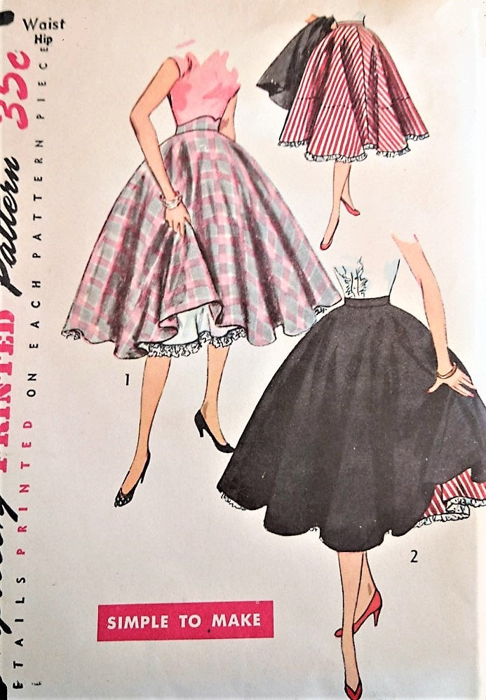 1950s FLIRTY Circle Skirt and Petticoat Slip Pattern SIMPLICITY 3813 Full Rockabilly Skirt , Flared Petticoat Simple to Make Waist 24 Vintage Sewing Pattern