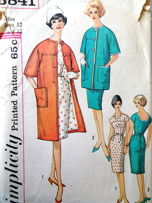 EARLY 1960s Slim Flattering Dress and Coat in 2 Lengths Pattern SIMPLICITY 3841 Bust 32 Vintage Sewing Pattern