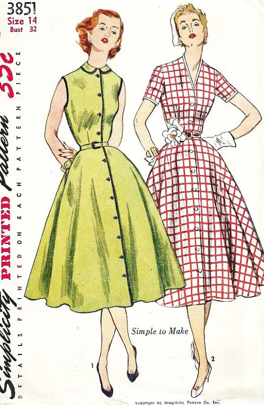 1950s PRETTY Day Dress Pattern SIMPLICITY 3851 Peter Pan or V Neckline Full Skirt Dress Front Button Bust 34 Vintage Sewing Pattern