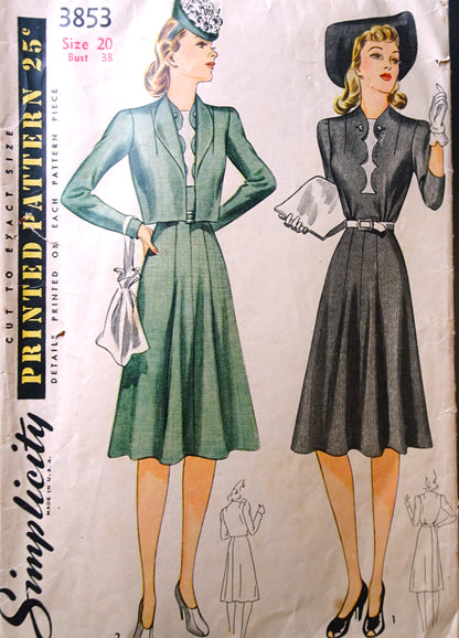 Early 1940s STYLISH Dress and Jacket Pattern SIMPLICITY 3853 Lovely Scalloped Detailed Front, Flattering Design Bust 38 Vintage Sewing Pattern