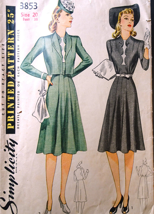 Early 1940s STYLISH Dress and Jacket Pattern SIMPLICITY 3853 Lovely Scalloped Detailed Front, Flattering Design Bust 38 Vintage Sewing Pattern