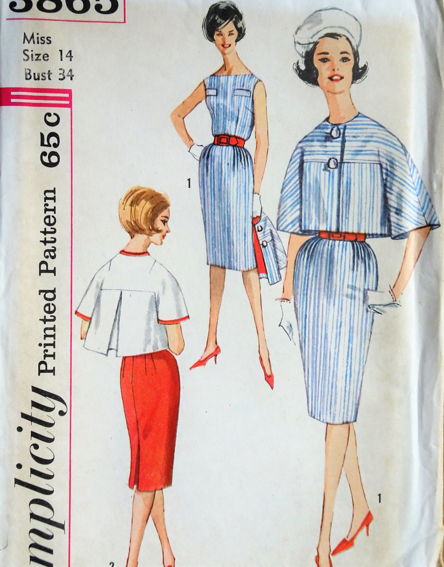 Early 1960s STYLISH Slim Dress and Flared Jacket Pattern SIMPLICITY 3865 Sleeveless Slim Dress, Unique Jacket, Bust 34 Vintage Sewing Pattern FF