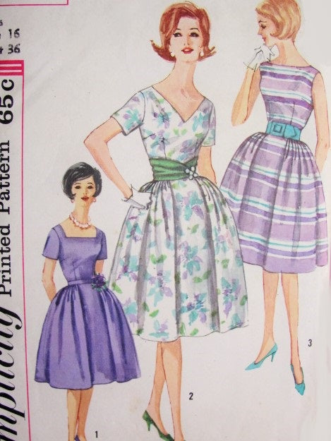 1960s Lovely Day or Cocktail Party Dress Pattern Simplicity 3877 Three Neckline Styles Full Skirt Dress and Cummerbund Bust 36 Vintage Sewing Parttern