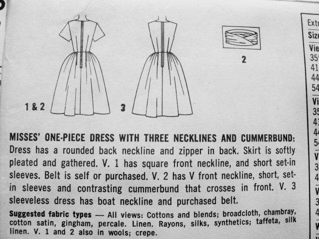 1960s Lovely Day or Cocktail Party Dress Pattern Simplicity 3877 Three Neckline Styles Full Skirt Dress and Cummerbund Bust 36 Vintage Sewing Parttern