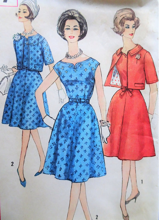 1960s PRETTY Dress and Jacket Pattern SIMPLICITY 3917 Day or Party Dress Notched Neckline, Bust 32 Vintage Sewing Pattern FACTORY FOLDED