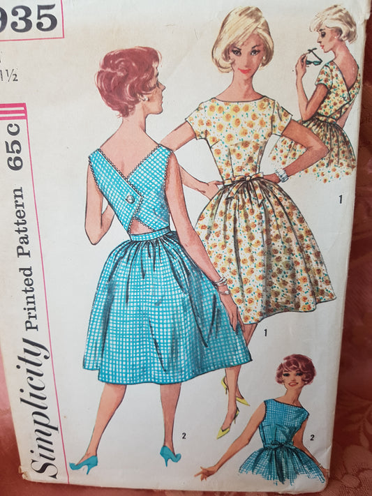 1960s BEAUTIFUL Sun Dress or Party Dress Pattern SIMPLICITY 3935, Bateau Neckline, Unique Back, Full Skirt Dress, Bust 31 Vintage Sewing Pattern