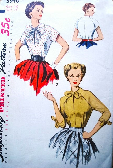 LOVELY 1950s Blouse Pattern SIMPLICITY 3940 Two Wonderful Styles Bust 34 Vintage Sewing Pattern