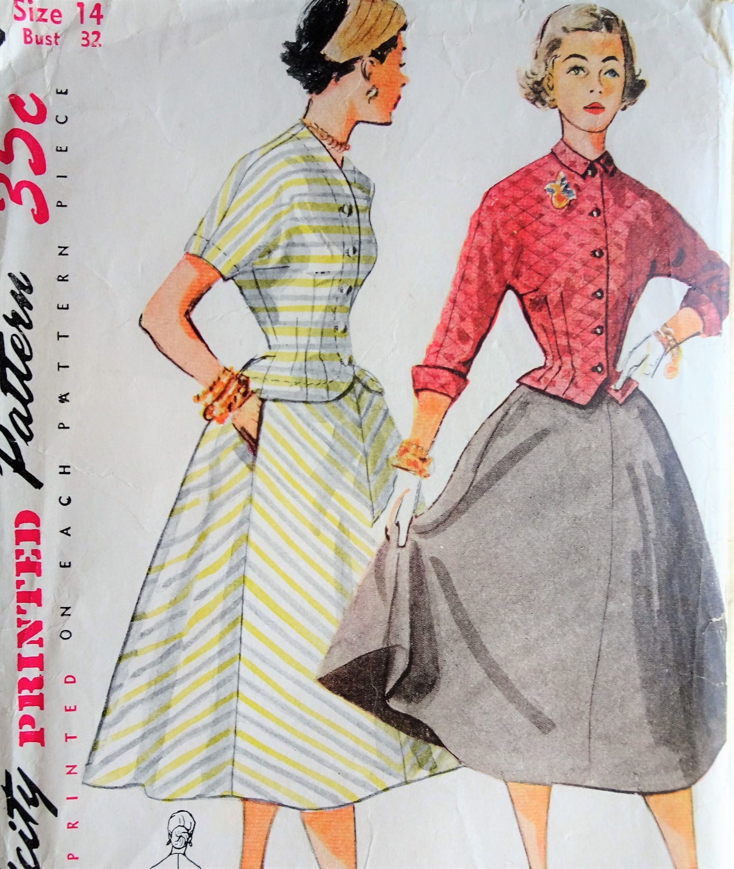 1950s BEAUTIFUL Full Skirt Suit or 2 Pc Dress Pattern SIMPLICITY 3946 Flattering Nip in Waist Jacket, Lovely Skirt Design, Bust 32 Vintage Sewing Pattern