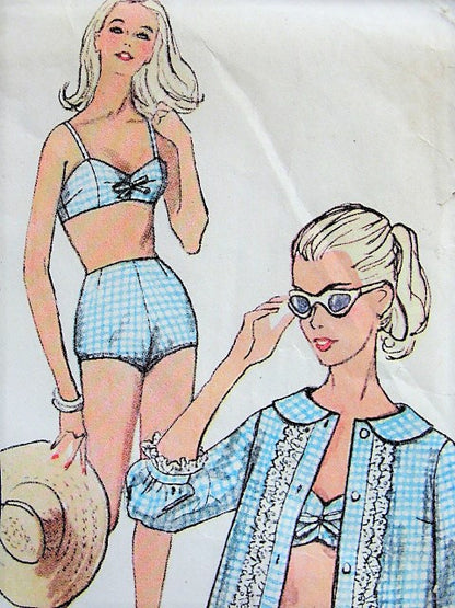 Early 60s CUTE Beach Wear Pattern SIMPLICITY 3960 High Waist 2 Pc Bathing Suit, Gidget Style, Beach Coat Cover Up, Slim Front Button Dress, Bust 32 Vintage Sewing Pattern