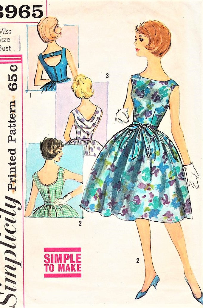 1960s BEAUTIFUL Party Cocktail Evening Dress Pattern SIMPLICITY 3965 Figure Flattery,3 Back Styles, Bust 32, SIMPLE To Make Vintage Sewing Pattern