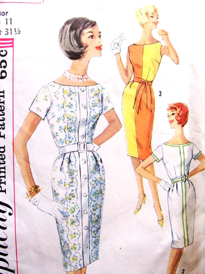 1960s Slim Dress Pattern SIMPLICITY 3970  Simple To Make 3 Style Versions Bust 31.5 Vintage Sewing Pattern