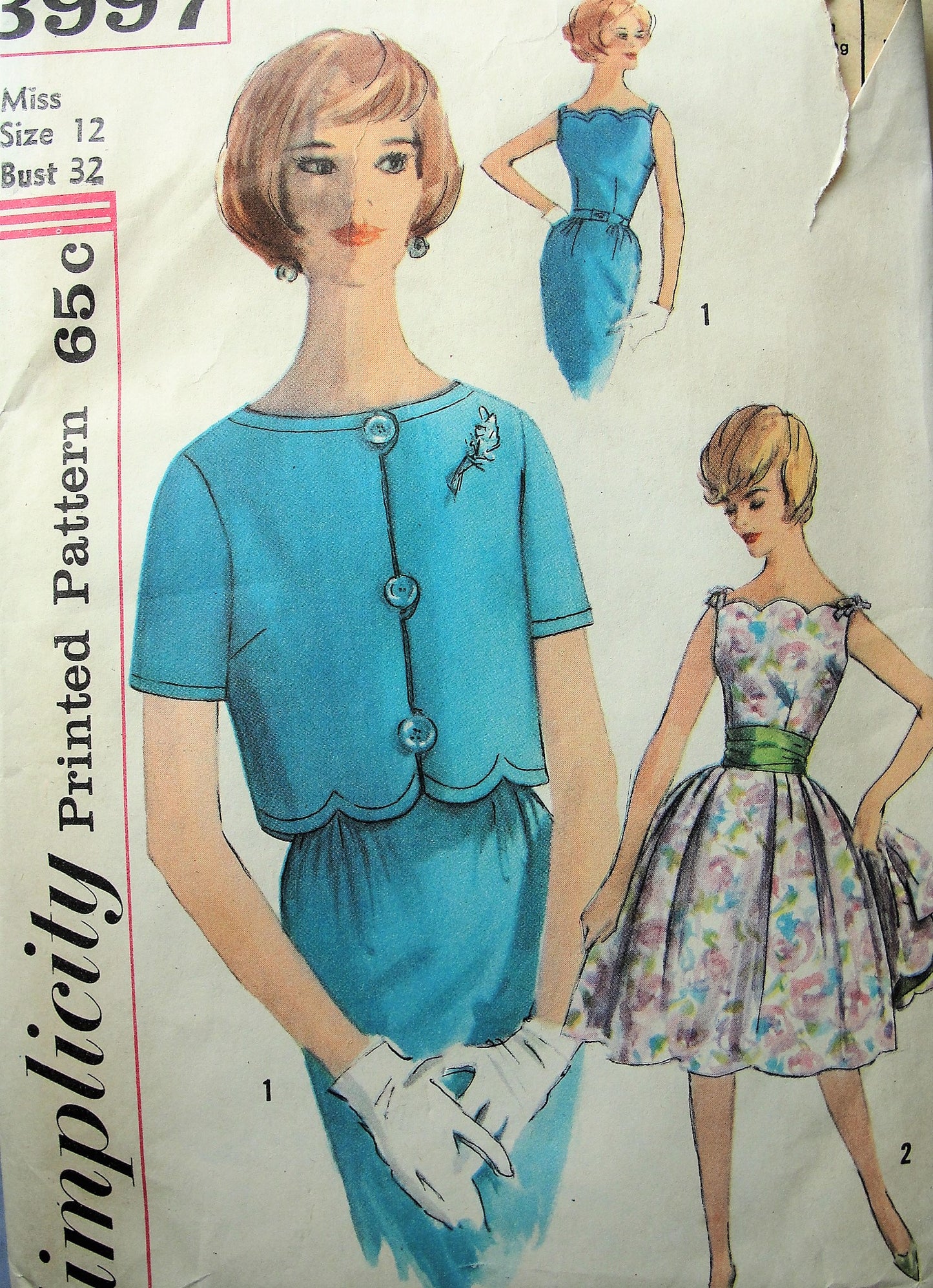 1960s Vintage DELIGHTFUL Dress with Scalloped Neckline and Jacket with Cummerbund Simplicity 3997 Sewing Pattern Bust 32