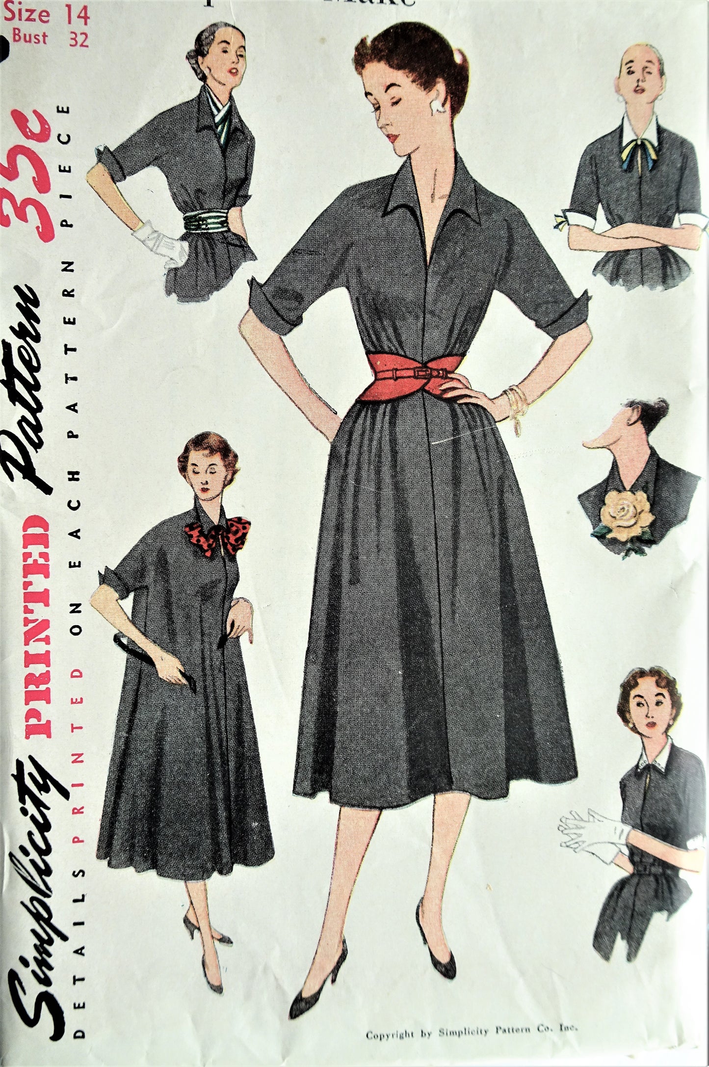 1950s STYLISH Jiffy Dress Pattern SIMPLICITY 4007 Detachable Collar, Cuffs, Belts, Bow, and Scarf Bust 32 Simple To Make Vintage Sewing Pattern