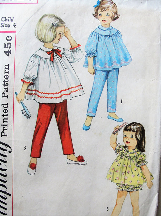 1950s DARLING Childrens Pajama Set with Pants or Ruffled Shorts SIMPLICITY 4016 Size 4  Vintage Sewing Pattern