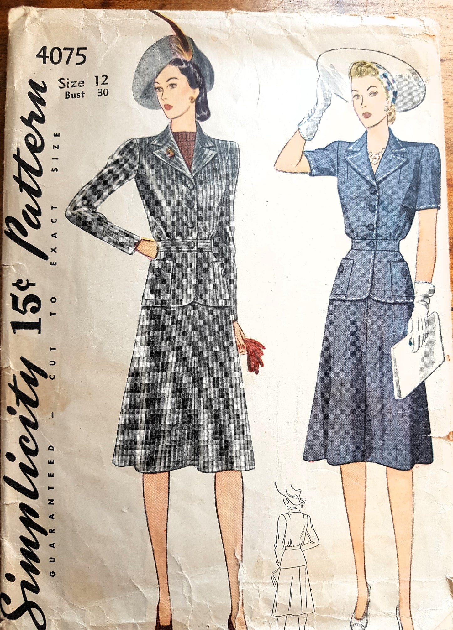 1940s FABULOUS Suit Pattern SIMPLICITY 4075 Lovely Flared Skirt and Hip Length Jacket, Bust 30 Vintage Sewing Pattern