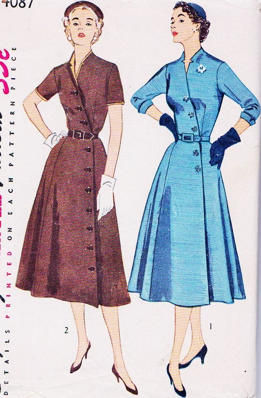 1950s STRIKING Dress Pattern SIMPLICITY 4087 Lovely Front button Notched Neckline Day or After 5 Dress Bust 34 Vintage Sewing Pattern