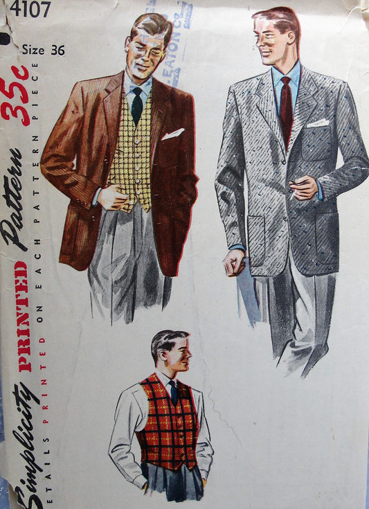 1950s Vintage HANDSOME Men's Vest and Jacket Simplicity 4107 Sewing Pattern Chest 36