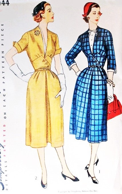 1950s CLASSY Midriff Dress Pattern SIMPLICITY 4144 Daytime or After 5 Dress Deep V Neckline or Detachable Dickey Bust 32 Vintage Sewing Pattern FACTORY FOLDED