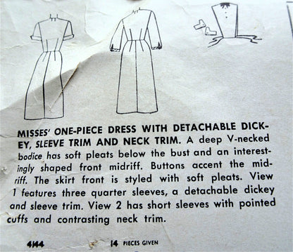 1950s STYLISH Dress with Detachable Dickey and Sleeve Trim Pattern SIMPLICITY 4144 Two Lovely Versions Evening or Day, Bust 36 Vintage Sewing Pattern