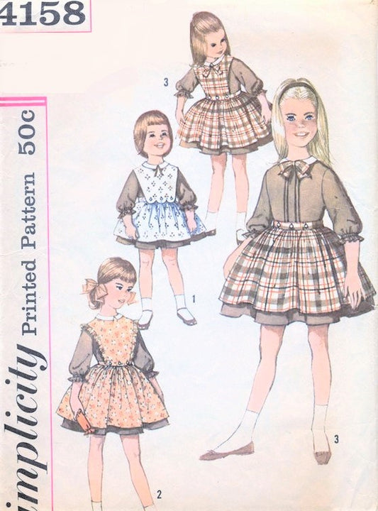 1960s ADORABLE Girls  Toddlers Full Skirt Dress Pinafore Apron  Pattern SIMPLICITY 4158 Detachable Bib Top Scallops Ruffles Bows Size 3 Childrens Vintage Sewing Pattern