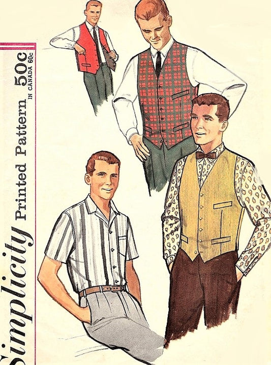 1960s CLASSIC Gentlemens Shirt,Vest and Reversible Vest Pattern SIMPLICITY 4160 Short or Long Sleeved Shirt Chest 38 Vintage Mens Sewing Pattern FACTORY FOLDED