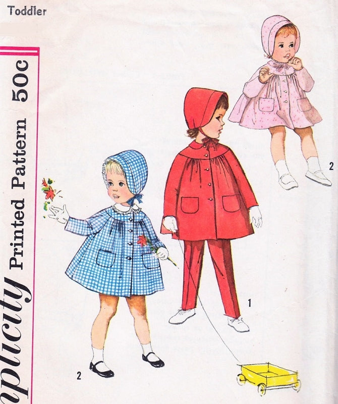 1960 CUTE Toddlers Coat with Detachable Collar, Hat and Tapered Pants Pattern SIMPLICITY 4199 Sweet Style Size 2 Vintage Sewing Pattern UNCUT