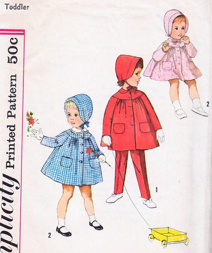 1960 CUTE Toddlers Coat with Detachable Collar, Hat and Tapered Pants Pattern SIMPLICITY 4199 Sweet Style Size 2 Vintage Sewing Pattern UNCUT