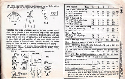 1960 CUTE Toddlers Coat with Detachable Collar, Hat and Tapered Pants Pattern SIMPLICITY 4199 Sweet Style Size 2 Vintage Sewing Pattern UNCUT