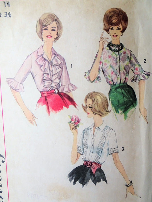1960s ROMANTIC Blouse Pattern SIMPLICITY 4212 Three Lovely Styles,Day or Evening Styles Bust 34 Vintage Sewing Pattern