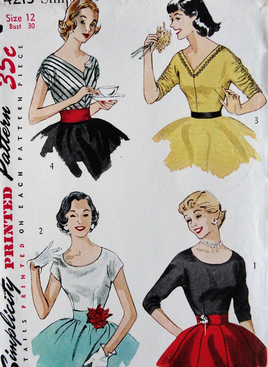 1950s Vintage LOVELY Blouse in Four Styles with Round or V Neckline and Gathered Sleeves Simplicity 4213 Sewing Pattern Bust 30
