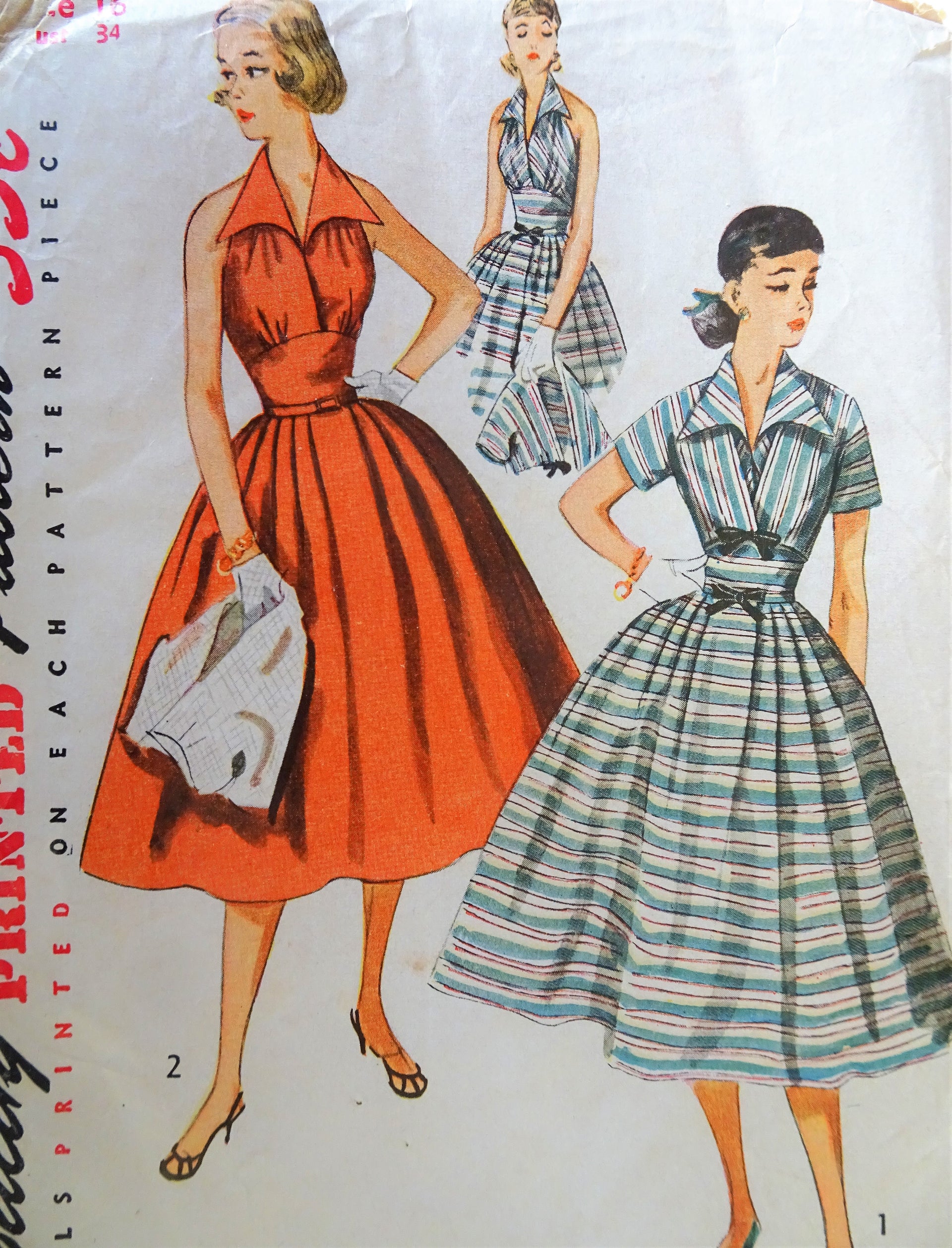 1950s LOVELY Halter Back Dress and Jacket Pattern SIMPLICITY 4249 Wing Collar Midriff Dress,Shortie Jacket Bust 34 Vintage Sewing Pattern