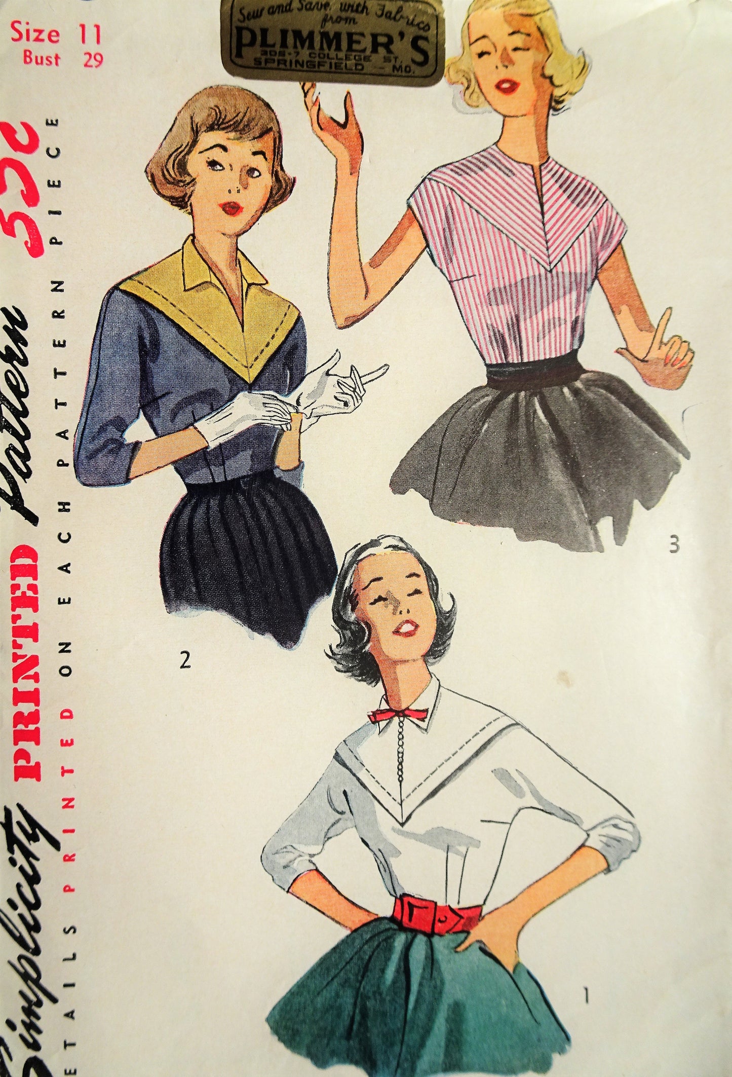 1950s PRETTY Blouse Pattern SIMPLICITY 4373 Three Cute Versions, Bust 29 Vintage Sewing Pattern