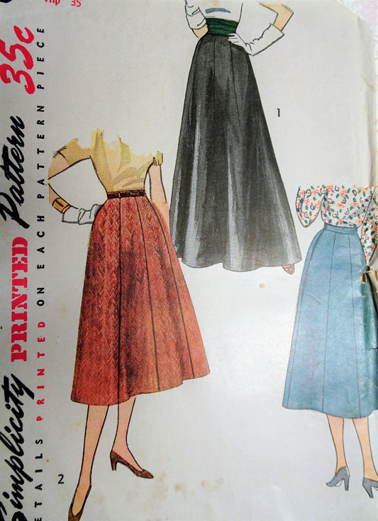 1950s SIMPLE To Make Skirts Pattern SIMPLICITY 4374 Daytime or Evening Length,Figure Flattering Style Waist 26 Vintage Sewing Pattern