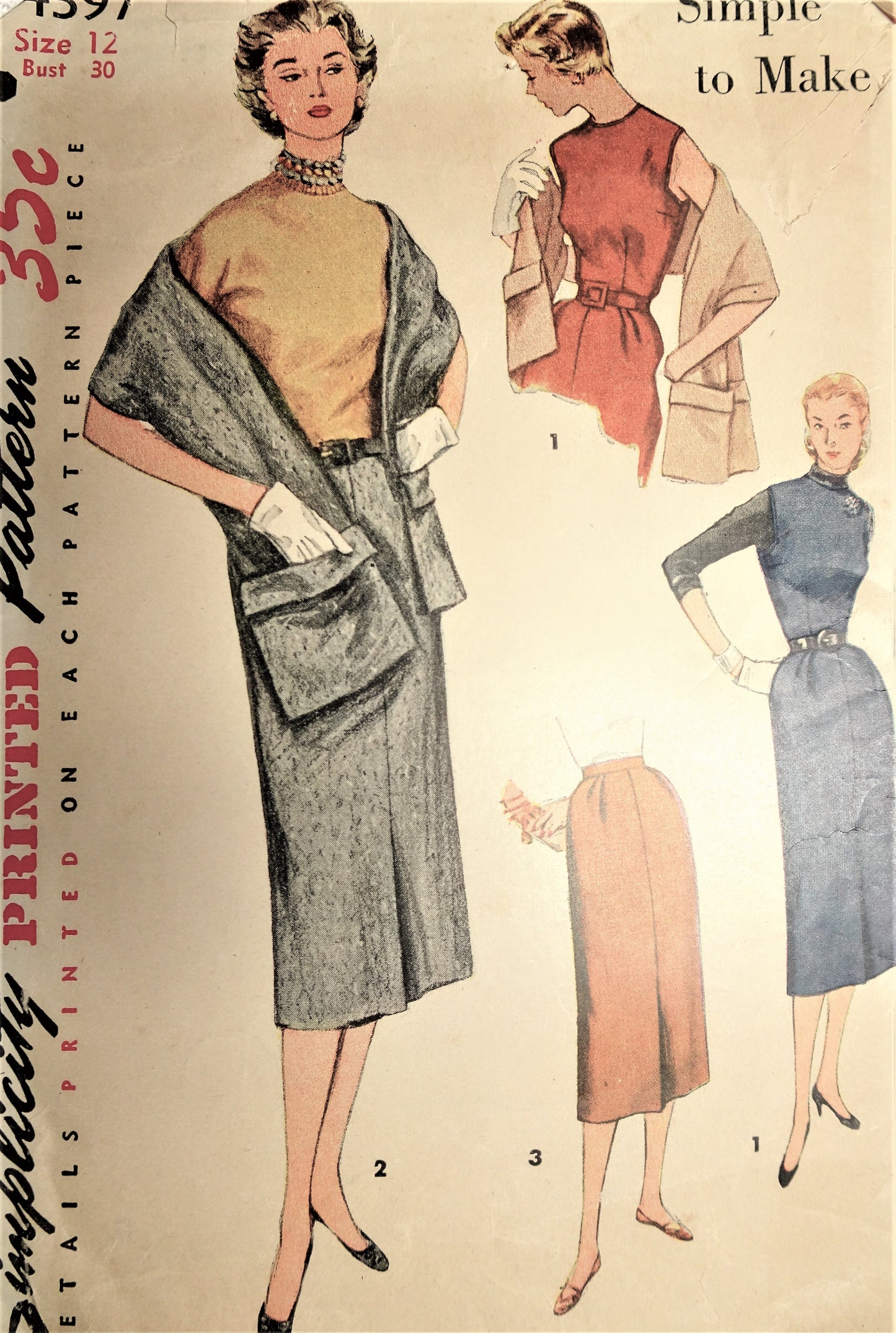 1950s CHIC Slim Jumper Dress,Skirt and Stole Pattern SIMPLICITY 4397 Simple To Make Classy Styles Bust 30 Vintage Sewing Pattern