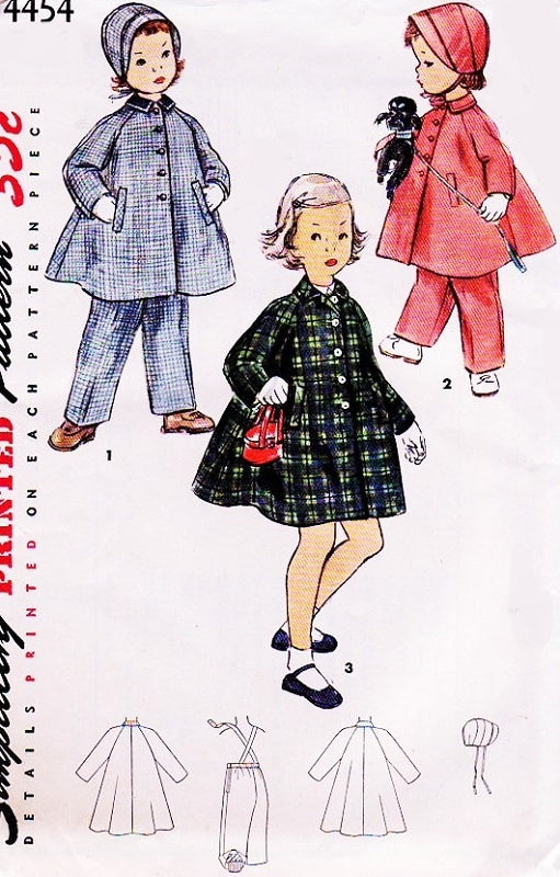 1950s CUTE Toddler Pattern SIMPLICITY 4454 Children's Coat,Hat and Leggings Size 2 Vintage Sewing Pattern