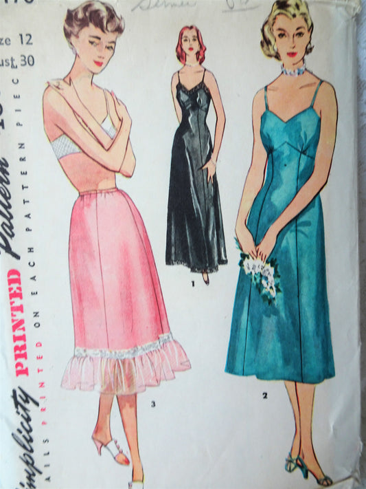 1950s LOVELY Slips Pattern SIMPLICITY 4470 Three Liz Taylor Cat on a Hot Tin Roof  Styles, Full Slip, Evening Length Formal Slip Chiffon Ruffle Trim Half Slip, Bust 32  Vintage Sewing Pattern