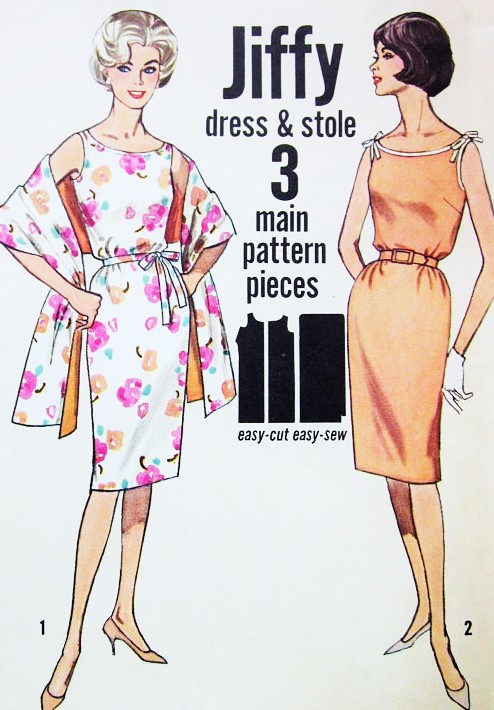 1960s EASY To Sew Jiffy Slim Dress and Stole Pattern SIMPLICITY 4471 Two Style Versions Day or Evening Bust 34 Vintage Sixties Sewing Pattern