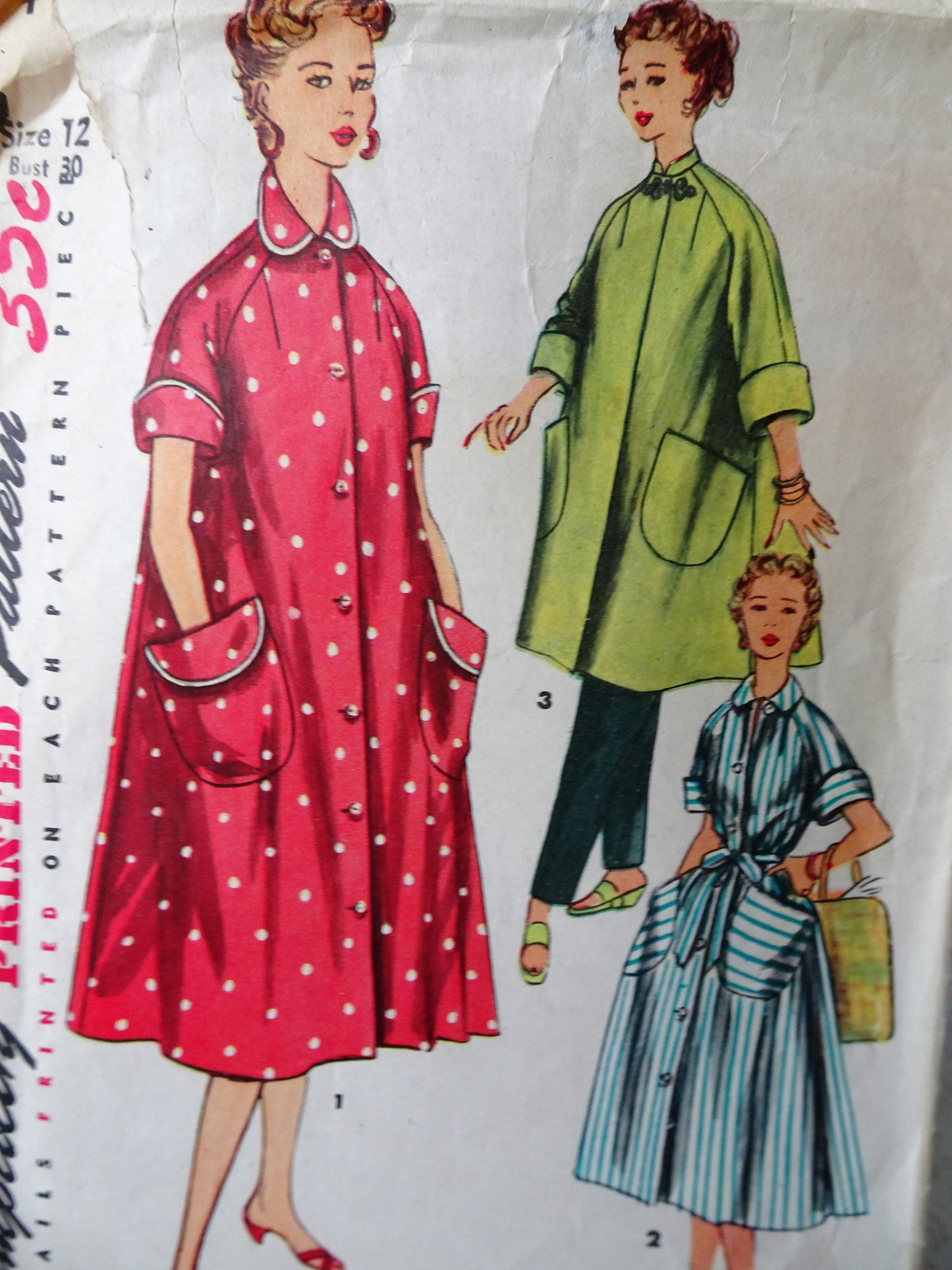 1950s FABULOUS Robe in 2 Lengths Pattern SIMPLICITY 4471 Lounging Robe, House Dress with Big Pockets and Raglan Sleeves,Bust 34 Vintage Sewing Pattern  FF