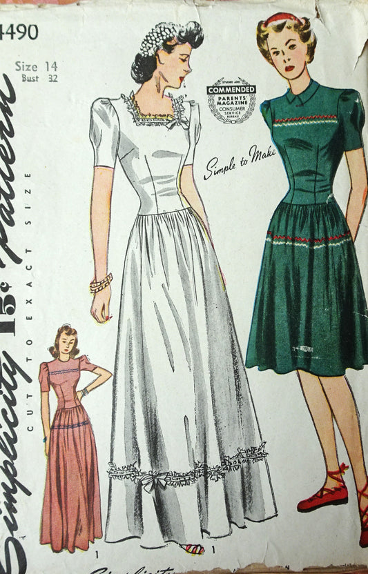 1940s BEAUTIFUL Simple To Make Evening Gown Pattern SIMPLICITY 4490 Evening Party or Day Dress Lengths, Flattering Versions, Bust 32 Vintage Sewing Pattern
