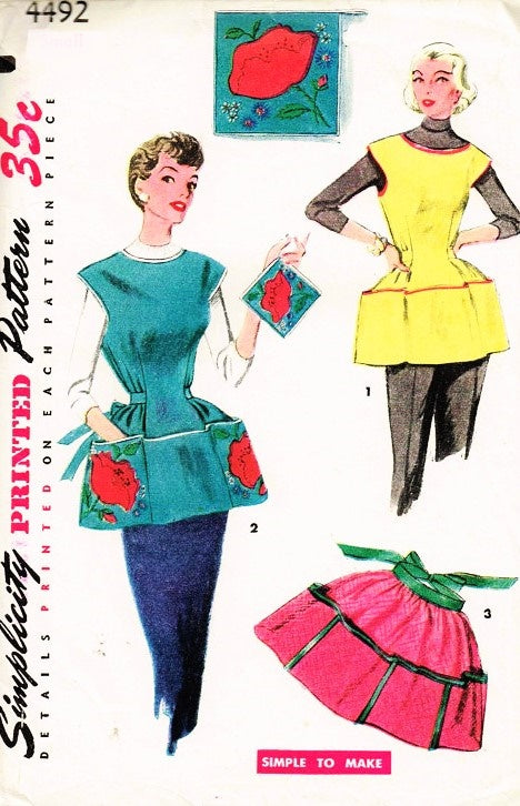 1950s CLASSIC Apron Pattern SIMPLICITY 4492 Half Apron, Cobbler Apron, Potholder, Iron On Transfer, Size Large Vintage Sewing Pattern