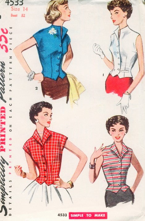 1950s Weskit Blouse Pattern Simplicity 4533 Stylish Button Front Sleeveless Vest  Blouse Easy To Make Bust  30 or 32 Vintage Sewing Pattern